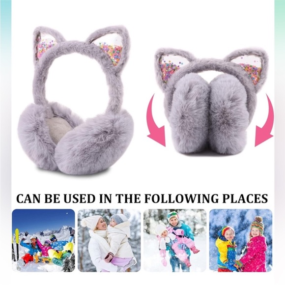Grey Fuzzy Sparkly Rainbow Cat Ear Muffs OS New - Picture 3 of 5